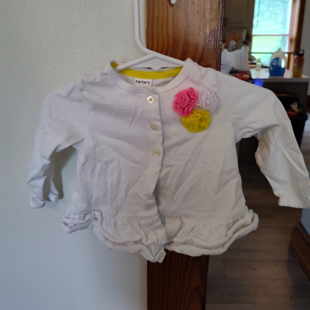 Carter's White and Pink Button Down Cardigan with Ruffled Details